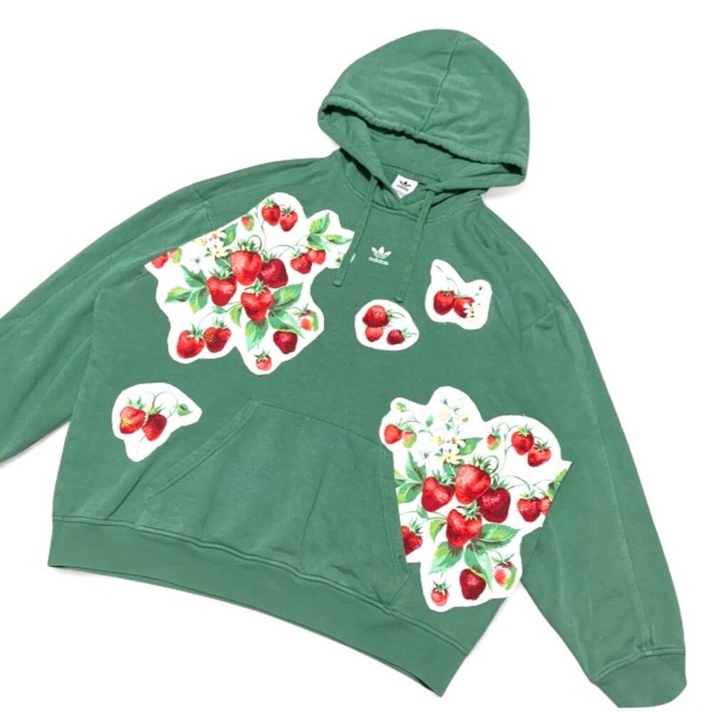 Custom Upcycled Adidas Strawberry Patchwork Hoodie – 2XL Cottagecore
